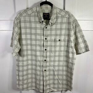 Woolrich Mens Plaid Button Down Short Sleeve Shirt L Beige Gray Outdoor Casual